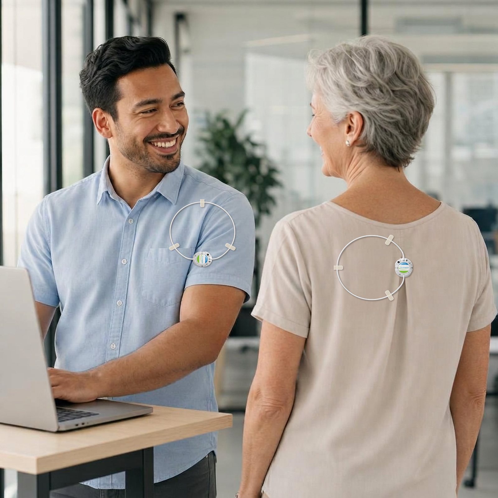 Illustrative ActiPatch® placement examples at a desk job: shoulder over a thin shirt, and upper back over a thin blouse