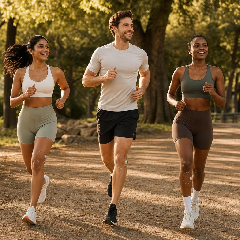 Illustrative ActiPatch placement examples while jogging: outer thigh, front knee, and calf