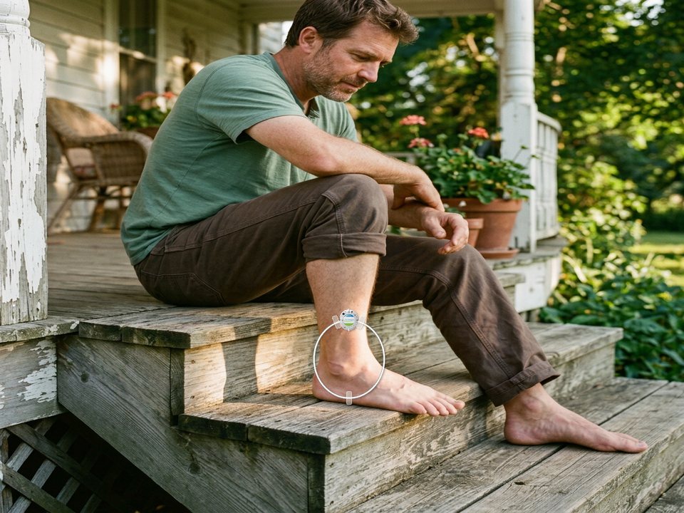 Illustrative composite: man seated barefoot on porch steps with the ActiPatch loop and its labeled control unit taped around the front of his ankle