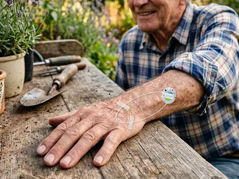Illustrative composite: older man's hand resting flat on a garden workbench with a 4.5-inch ActiPatch loop and control unit taped across the back of the hand and wrist