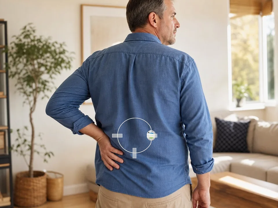 Illustrative composite: man at home with the ActiPatch loop and control unit taped over his thin shirt on the lower back