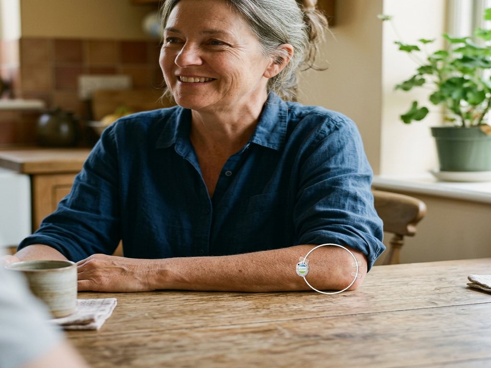 Illustrative composite: woman seated at a kitchen table with the ActiPatch loop and its labeled control unit taped to the skin around her elbow