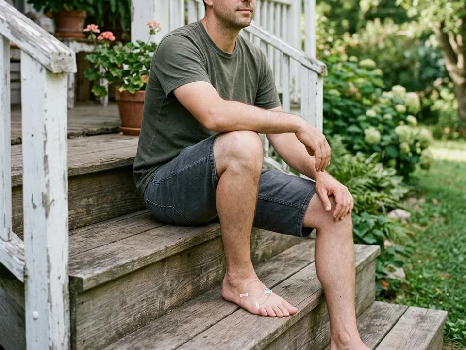 Illustrative composite: man seated barefoot on porch steps with the ActiPatch loop and control unit taped over the top of his foot