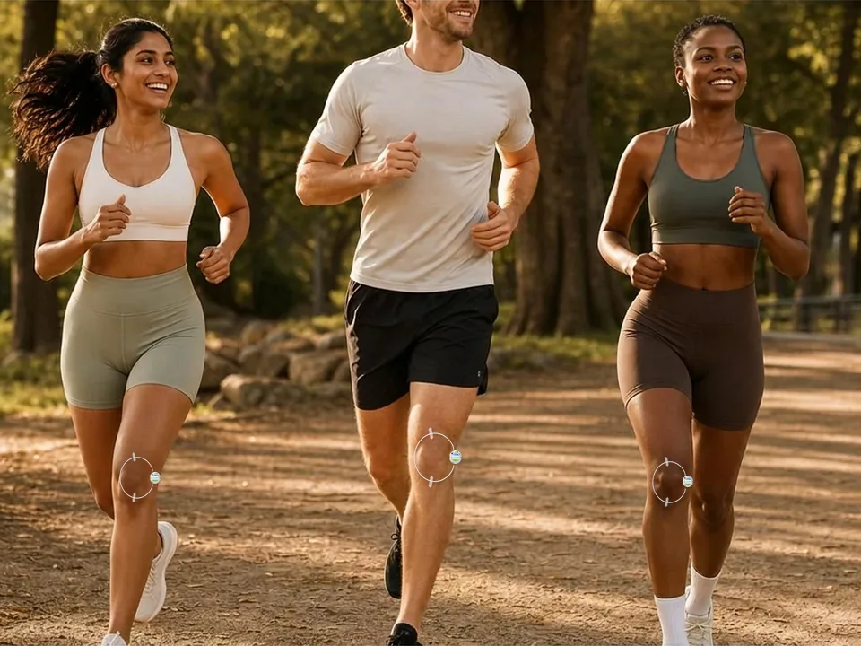 Illustrative image: three runners on a park trail, each wearing the ActiPatch loop held by clear tape on the leg, including the front of the knee