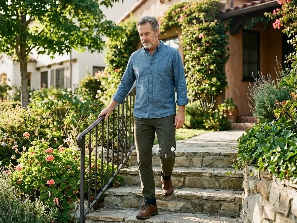 Illustrative composite: man walking down garden steps with the ActiPatch loop and control unit taped over his thin trousers at the front of the knee