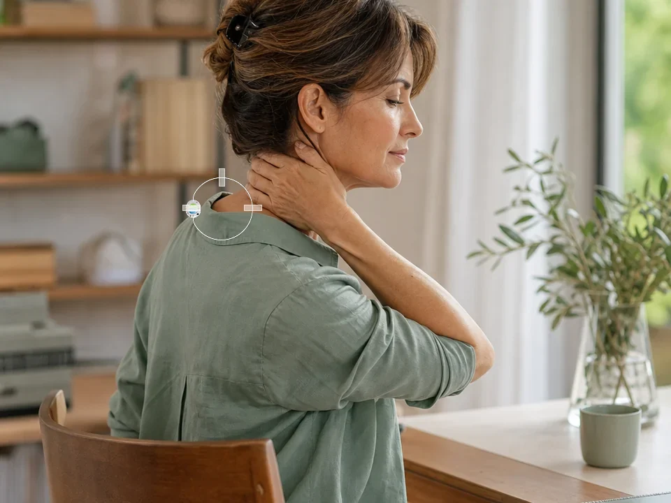 Illustrative composite: woman at home with the ActiPatch loop and control unit taped at the back of her neck and shirt collar