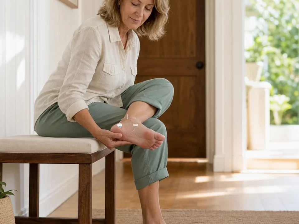 Illustrative composite: woman seated on a bench with the ActiPatch loop and control unit taped to the sole of her foot at the heel