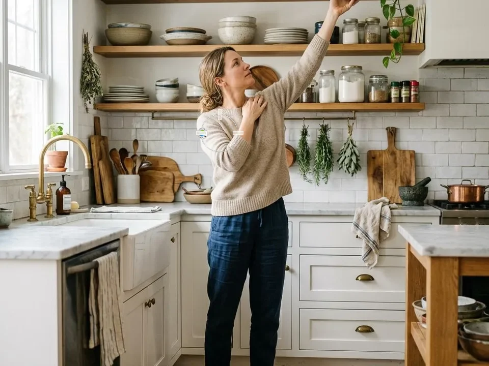 Illustrative composite: woman reaching to a kitchen shelf with the ActiPatch loop and control unit taped over her thin sweater on the shoulder