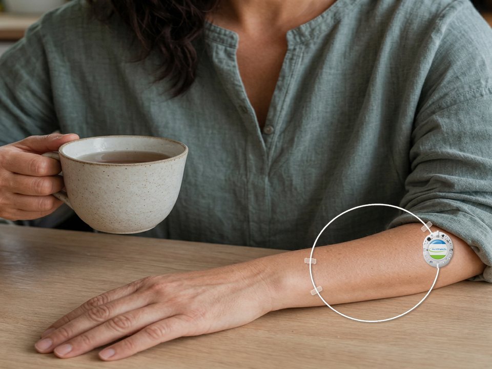 Illustrative composite: woman at a kitchen table with the ActiPatch loop and its labeled control unit taped to her forearm