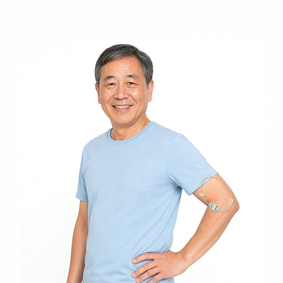Smiling Asian man with an ActiPatch® loop taped just above his right elbow with three white tape strips, its control unit resting near the inner elbow