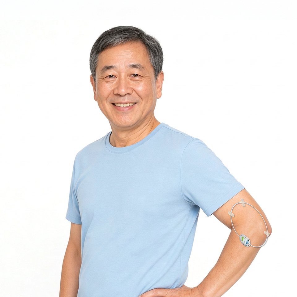 Smiling Asian man with an ActiPatch® loop taped just above his right elbow with three white tape strips, its control unit resting near the inner elbow