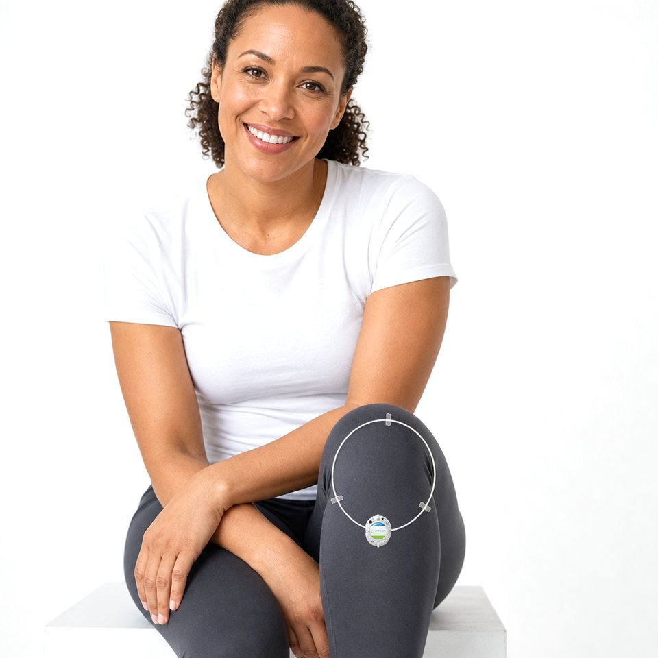 Smiling mixed-race woman wearing an ActiPatch® loop and control unit taped over thin leggings on her right knee