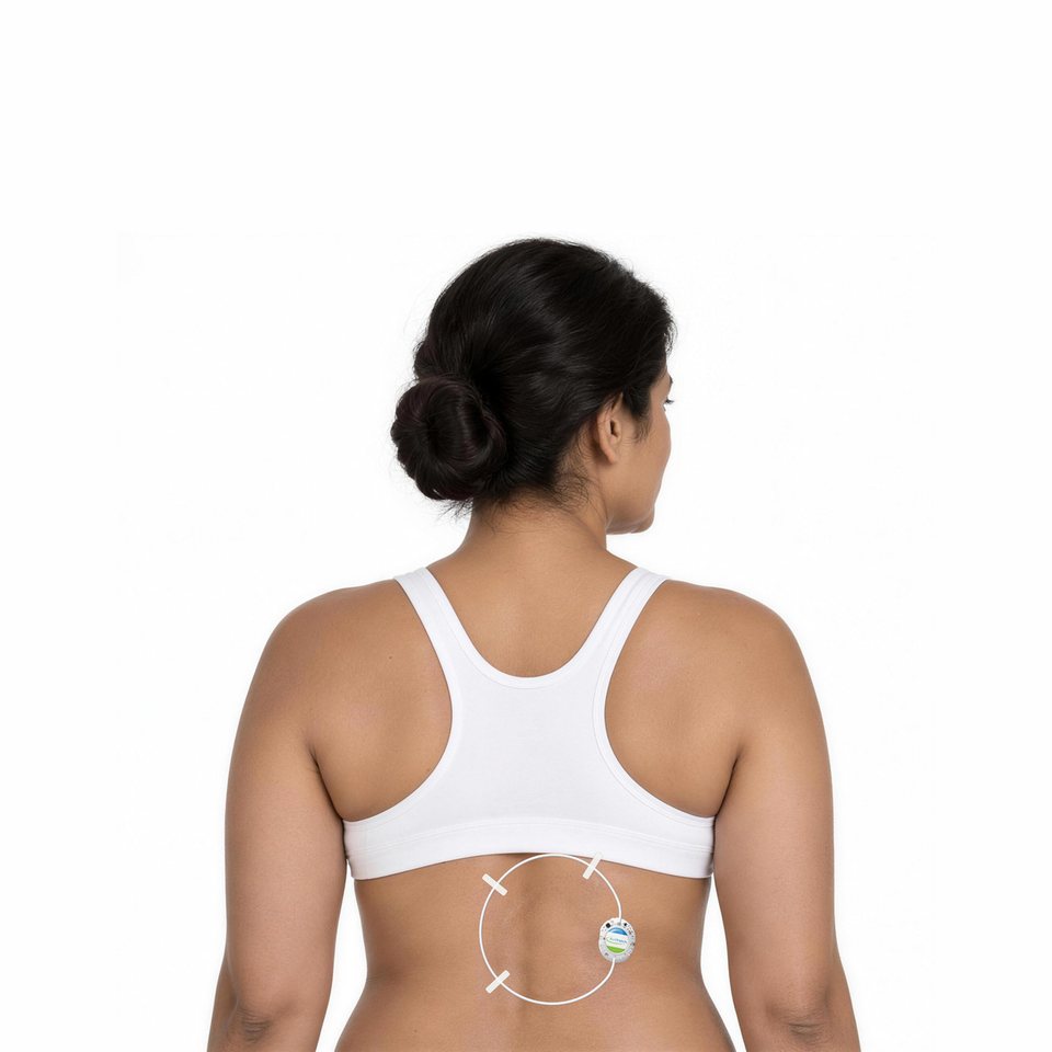 South Asian woman wearing an ActiPatch® loop and control unit taped on the skin of her lower back