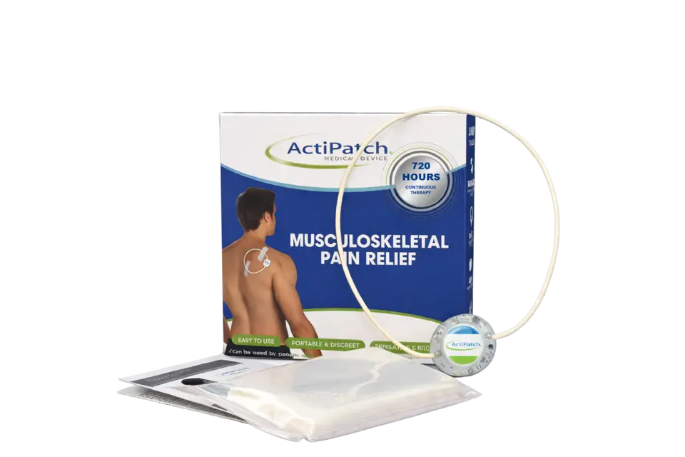 ActiPatch retail box shown with the device, treatment loop and adhesive supplies